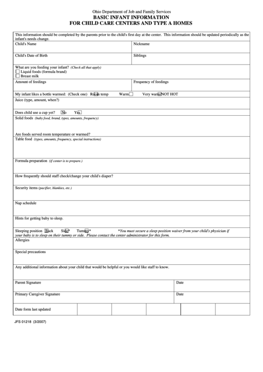 Ohio Department Of Job And Family Services Basic Infant Information For Child Care Centers And Type A Homes Printable pdf