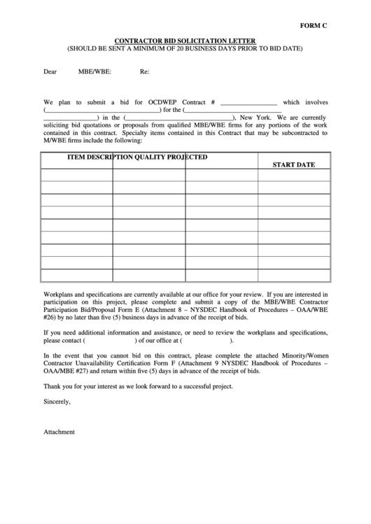 Contractor Bid Solicitation Letter Printable pdf