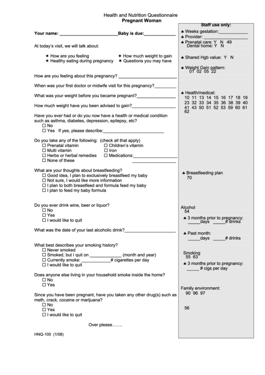 Healthandnutrition Questionnaire - Pregnantwoman Printable pdf