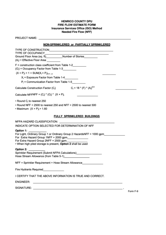 Fire Flow Construction Estimate Form - Henrico County Dpu Printable pdf
