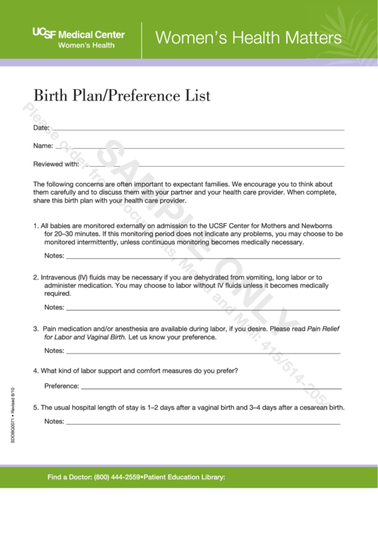 Birth Plan/preference List Printable pdf