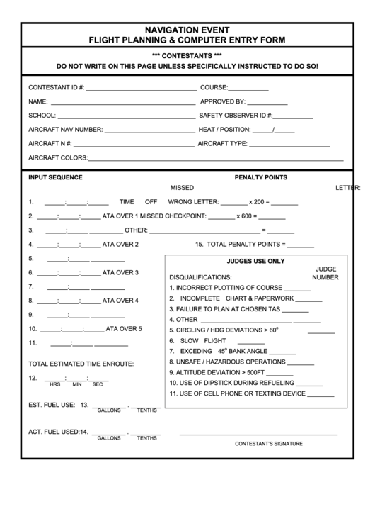 Navigation Event Flight Planning & Computer Entry Form Printable pdf