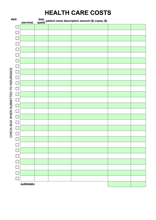 Health Care Costs Spreadsheet Printable pdf