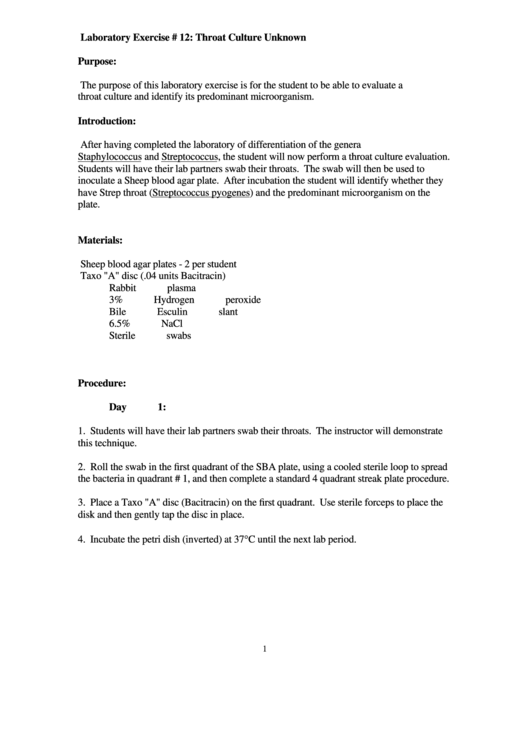 Laboratory Exercise - Throat Culture Unknown Printable pdf