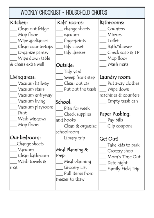 Household Chore Chart - Weekly Checklist Printable pdf