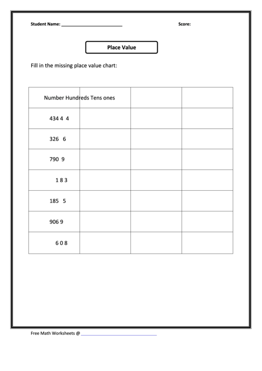 Fill In The Missing Place Value Chart printable pdf download