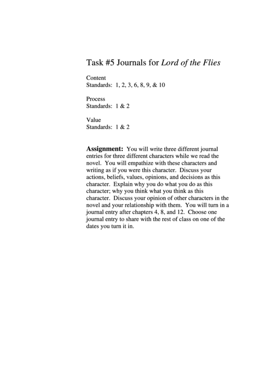 Lord Of The Flies Journaling Worksheet Printable pdf