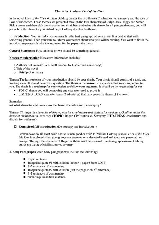 Character Analysis - Lord Of The Flies Printable pdf