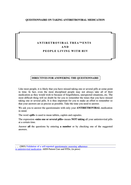 Questionnaire On Taking Antiretroviral Medication Printable pdf