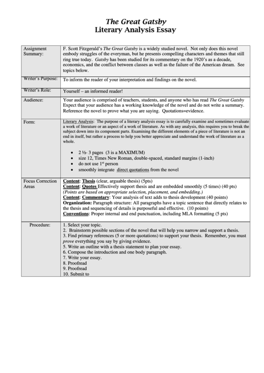 The Great Gatsby Literary Analysis Essay Printable pdf