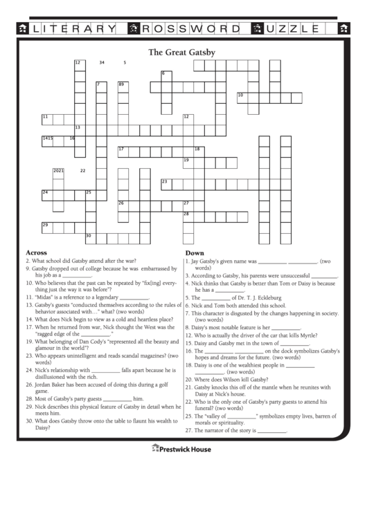 Literary Crossword Puzzle The Great Gatsby Printable Pdf Download