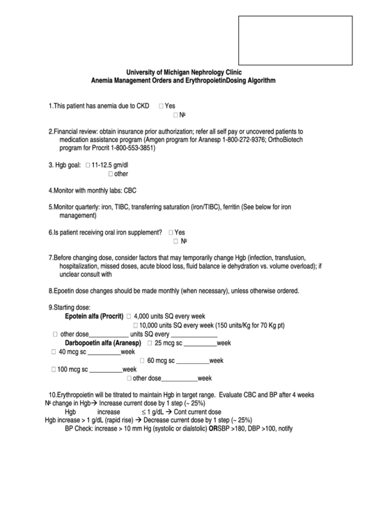University Of Michigan Nephrology Clinic Anemia Management Orders Printable pdf