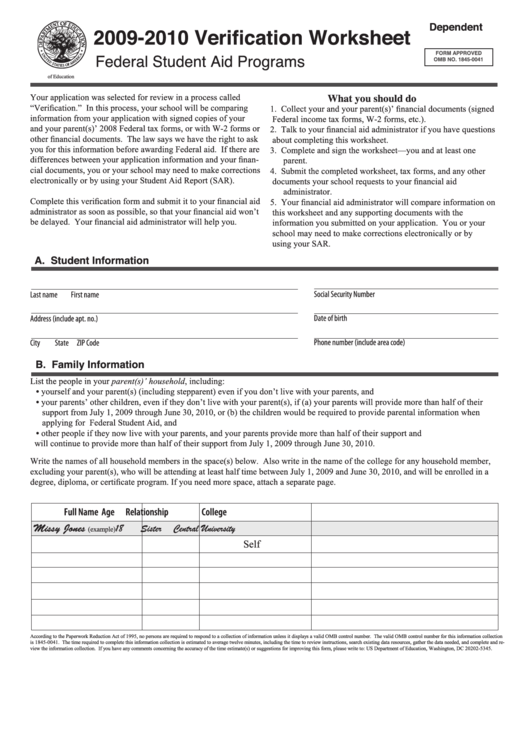 Fillable 2009-2010 Verification Worksheet Template Printable pdf