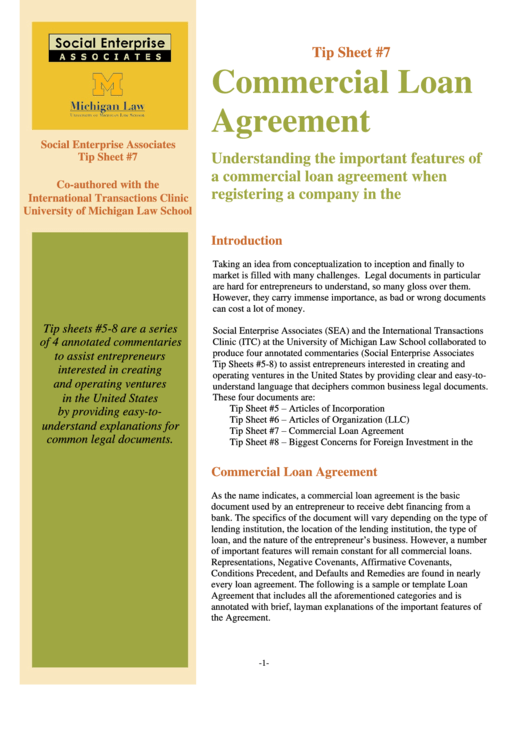 Commercial Loan Agreement Printable pdf