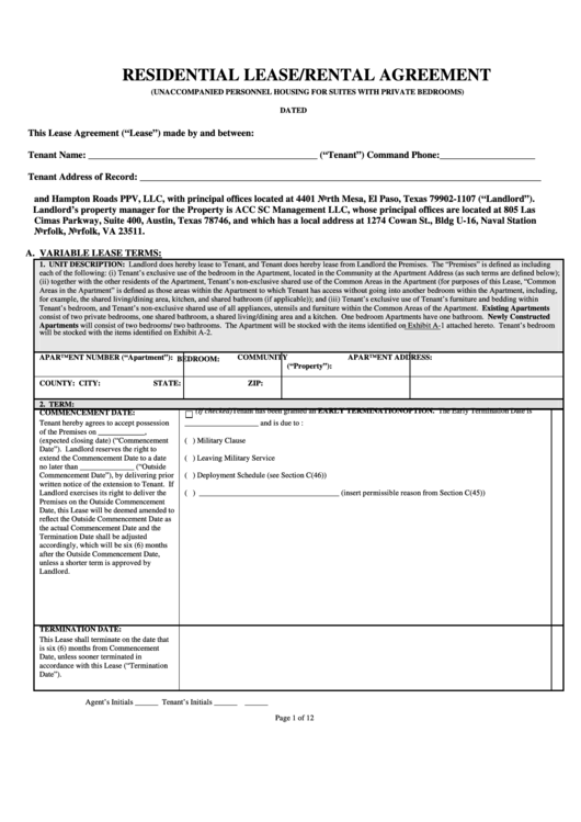 Residential Lease/rental Agreement Form Printable pdf