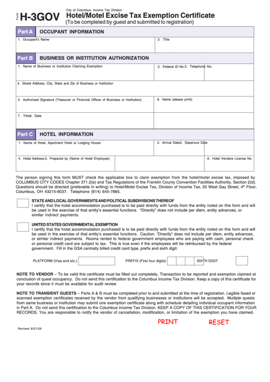 Fillable H-3gov - Hotel/motel Excise Tax Exemption Certificate Printable pdf