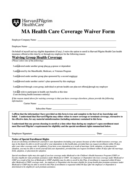 Ma Health Care Coverage Waiver Form - Harvard Pilgrim Health Care Printable pdf