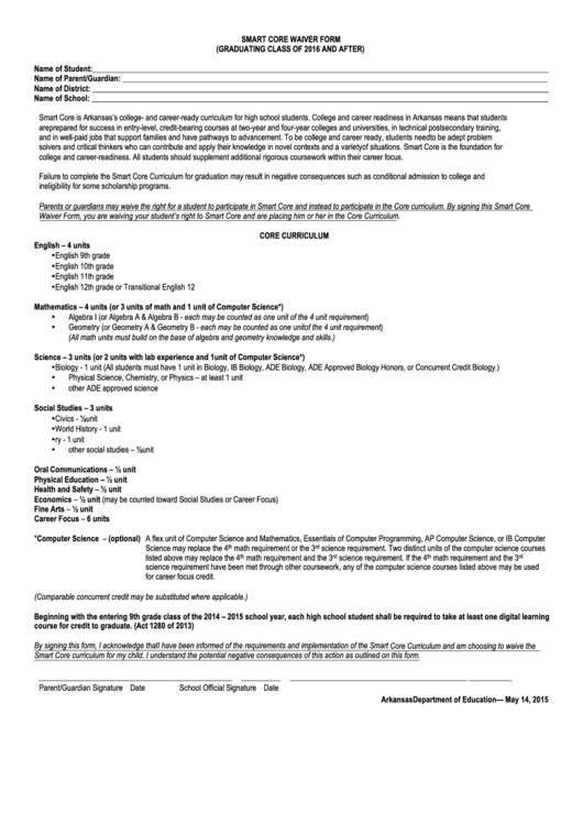 Smart Core Waiver Form - Arkansas Department Of Education Printable pdf