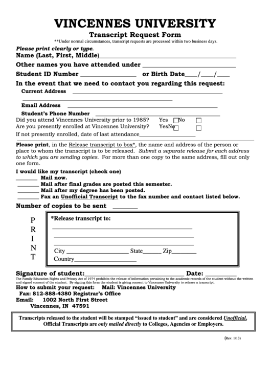 Vincennes University Transcript Request Form Printable pdf