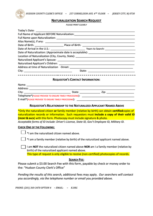 Naturalization Records Request Form - Hudson County Clerk Printable pdf