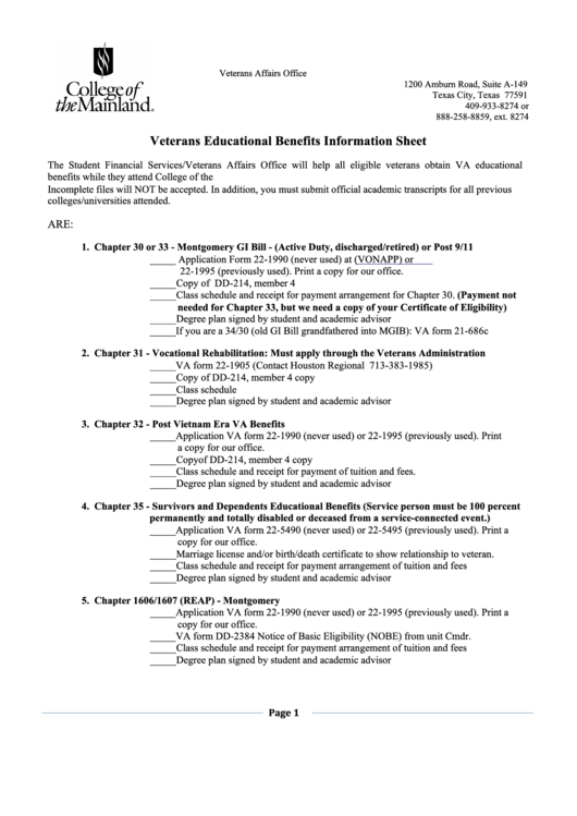 Veterans Educational Benefits Information Sheet Printable pdf