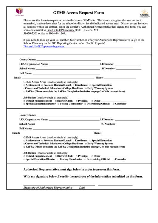 Gems Access Request Form Printable pdf