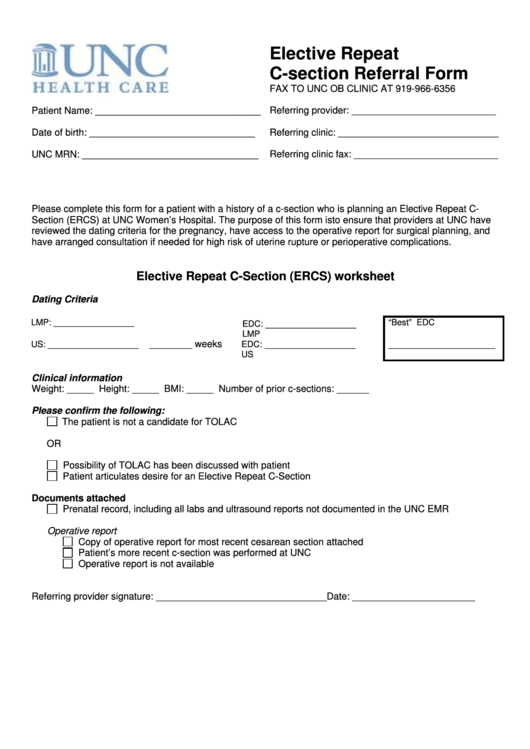 Fillable Elective Repeat C-Section Referral Form Printable pdf