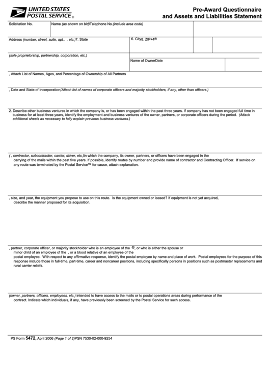 Ps Form 5472 - Pre-Award Questionnaire And Assets And Liabilities Statement Printable pdf