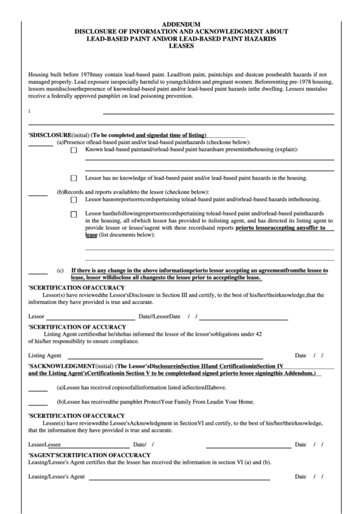 Addendum Disclosure Of Information And Acknowledgment About LeadBased Paint And/or LeadBased