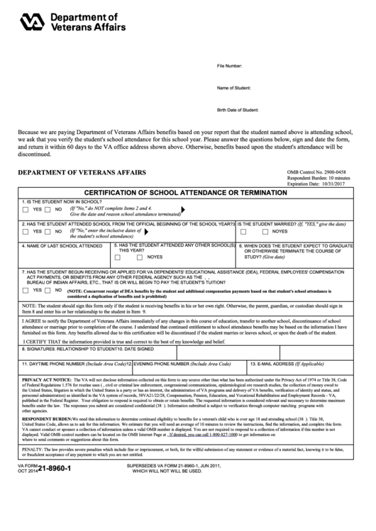 Fillable Va Form 21-8960-1 - Certification Of School Attendance Or Termination Printable pdf