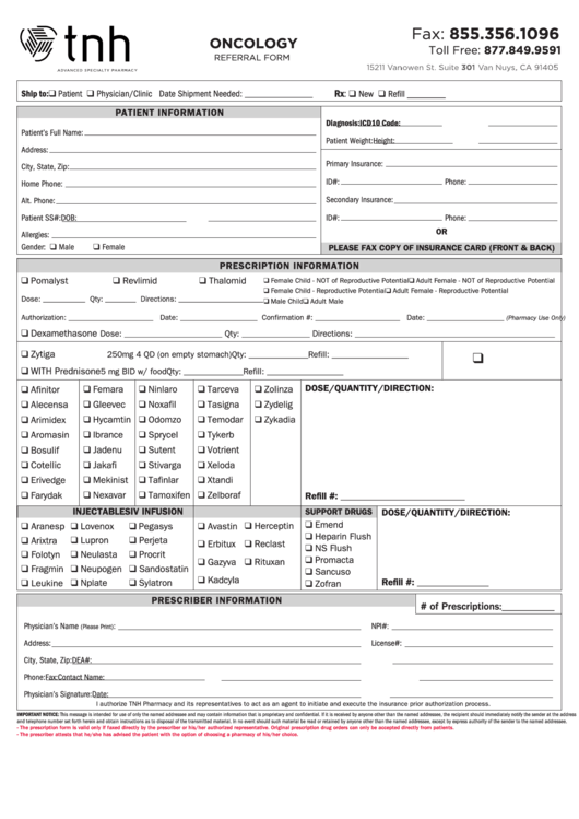 Fillable Oncology Form - Tnh Specialty Pharmacy Printable pdf