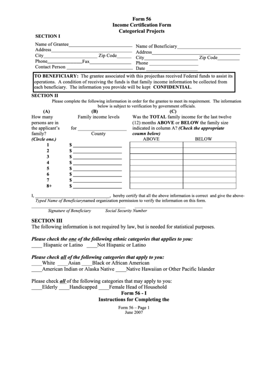 Form 56 - Income Certification Form Categorical Projects Printable pdf