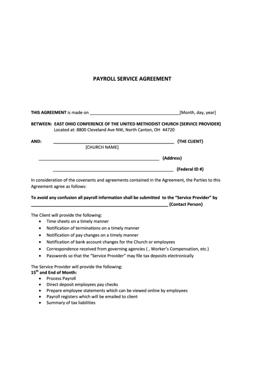 Payroll Service Agreement - East Ohio Conference Printable pdf