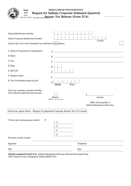 Form E-6 - Request For Indiana Corporate Estimated Quarterly Income Tax Returns - 2003 Printable pdf