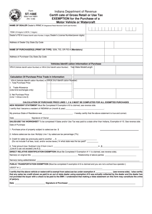 Fillable Form St-108e- Department Of Revenue -Indiana Printable pdf