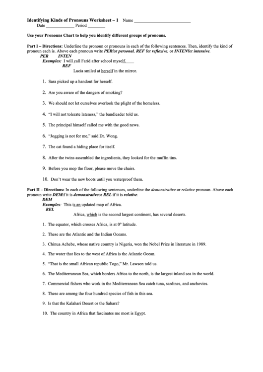 Identifying Kinds Of Pronouns Worksheet Printable pdf