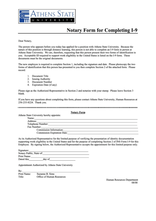 Notary Form For Completing I9 - Athens State University Printable pdf
