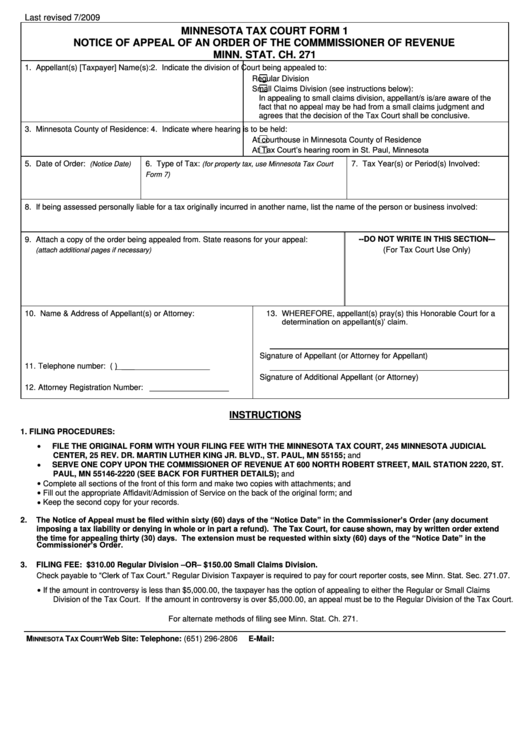 Minnesota Tax Court Form 1 - Notice Of Appeal Of An Order Of The Commmissioner Of Revenue Printable pdf