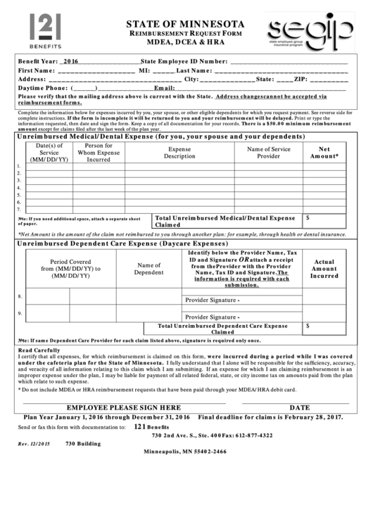 Fillable Reimbursement Request Form Mdea, Dcea & Hra (Rev. 12/2015) Printable pdf