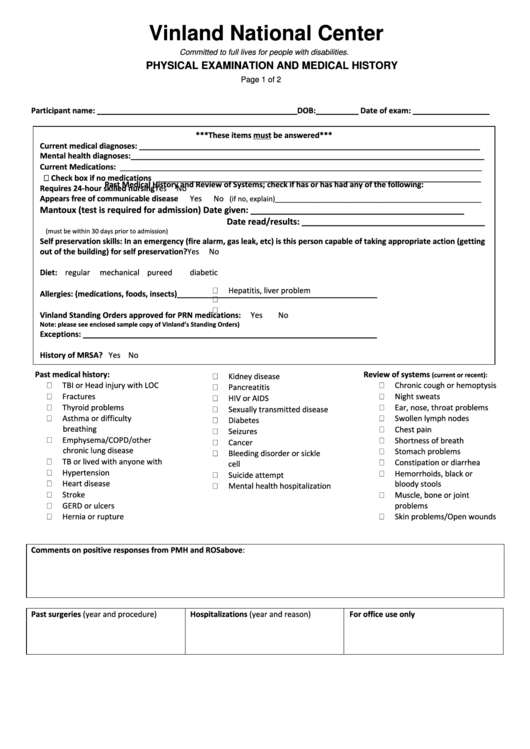 Physical Examination And Medical History Form Printable pdf