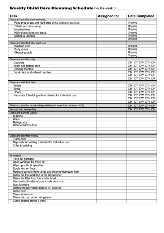 Weekly Child Care Cleaning Schedule Template Printable pdf