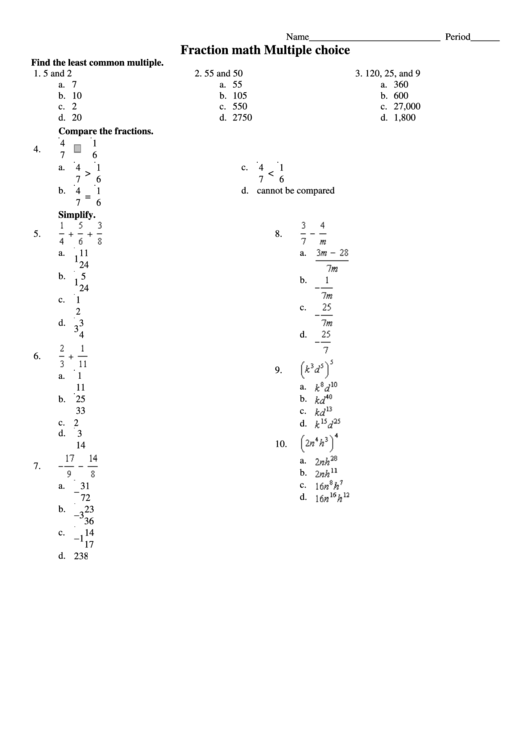 Fraction Multiple Choice Printable pdf