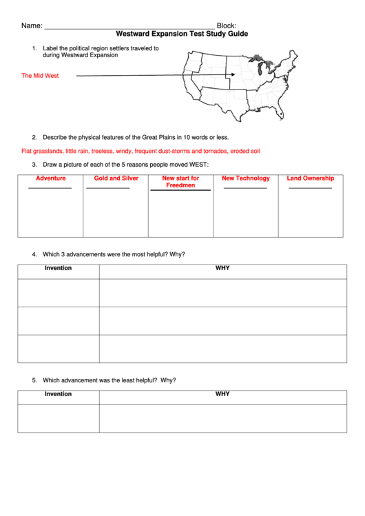 Westward Test Study Guide Printable pdf