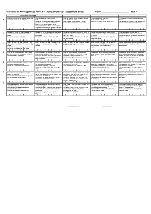 Mathematics Key Objectives Record Of Achievement/self Assessment Sheet Printable pdf
