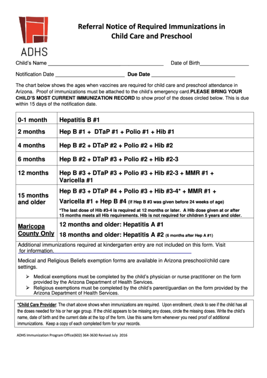 Fillable Referral Notice Of Required Immunizations In Childcare And Preschool Printable pdf