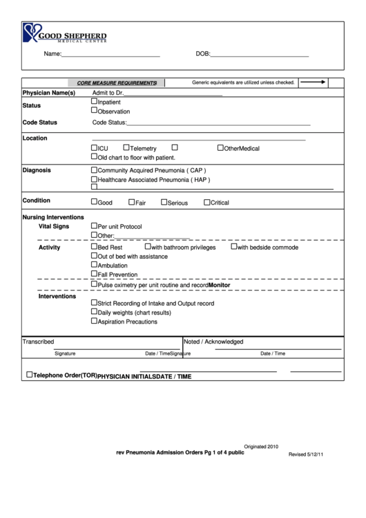 Pneumonia Admission Orders (All Forms) Printable pdf