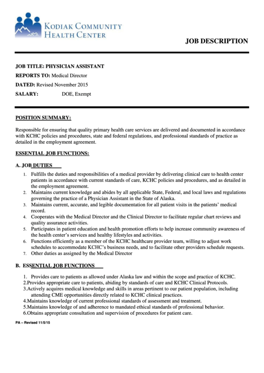 Fillable Physician Assistant Job Description Template printable pdf