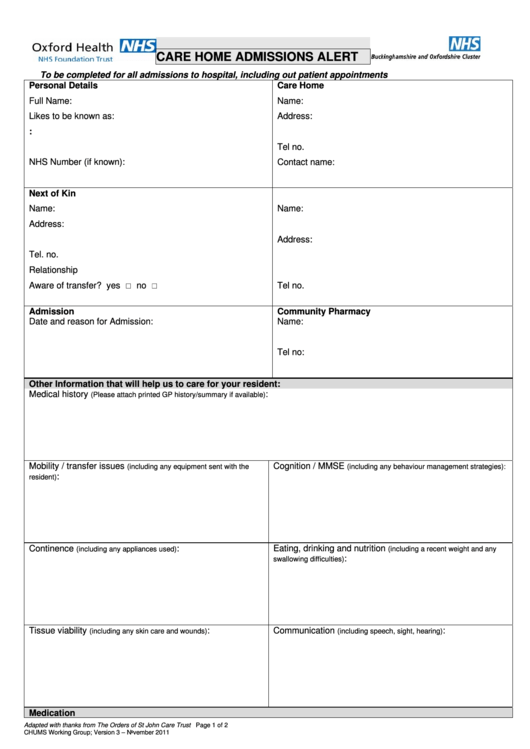 Care Home Admissions Alert Printable pdf