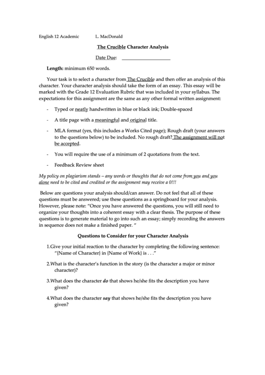 The Crucible Character Analysis Printable pdf