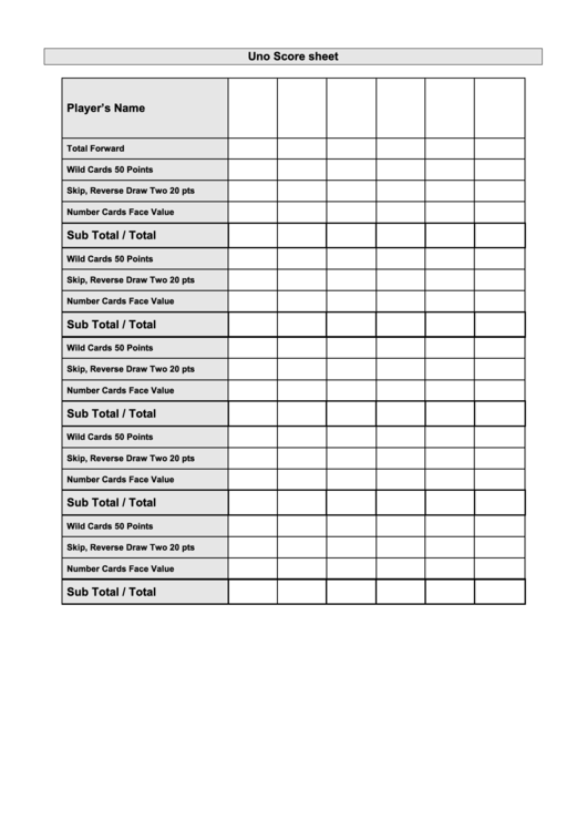 Uno Scoresheet Printable pdf